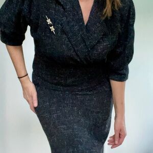 1980s Wool Dress, Size Medium, ELL-JAY Juniors Canada, V-Neck Black Winter Dress